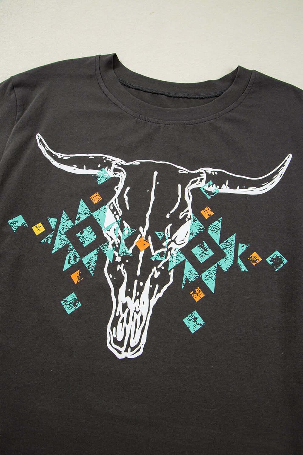 Bull Head Skull Round Neck Short Sleeve T Shirt - Clothes For Her Online Store