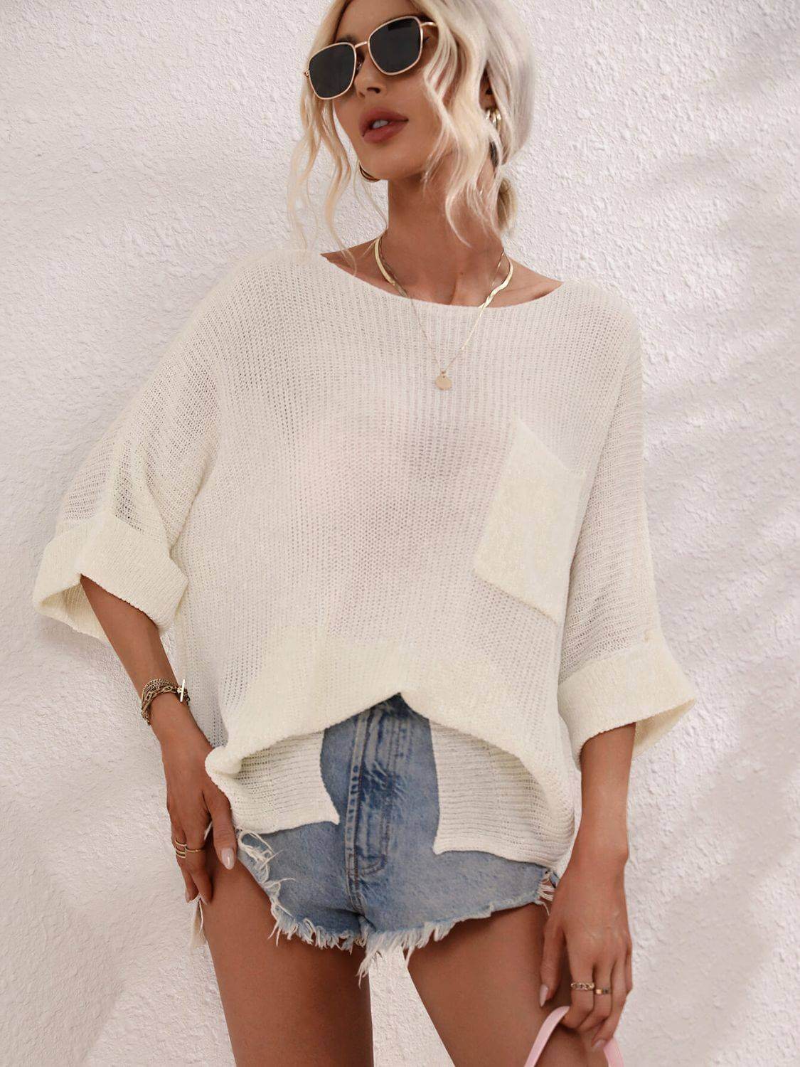 Boat Neck Cuffed Sleeve Slit Tunic Knit Top - Clothes For Her Online Store