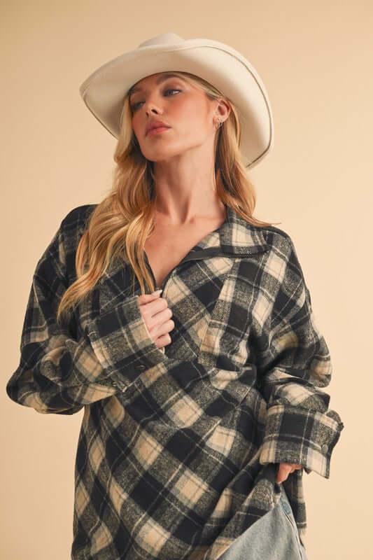 Aemi + Co Slit Plaid Half Zip Drop Shoulder Top - Clothes For Her Online Store