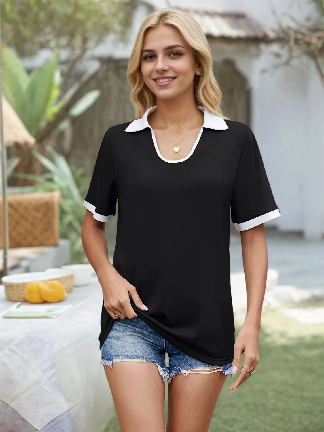 Collared Neck Short Sleeve Top