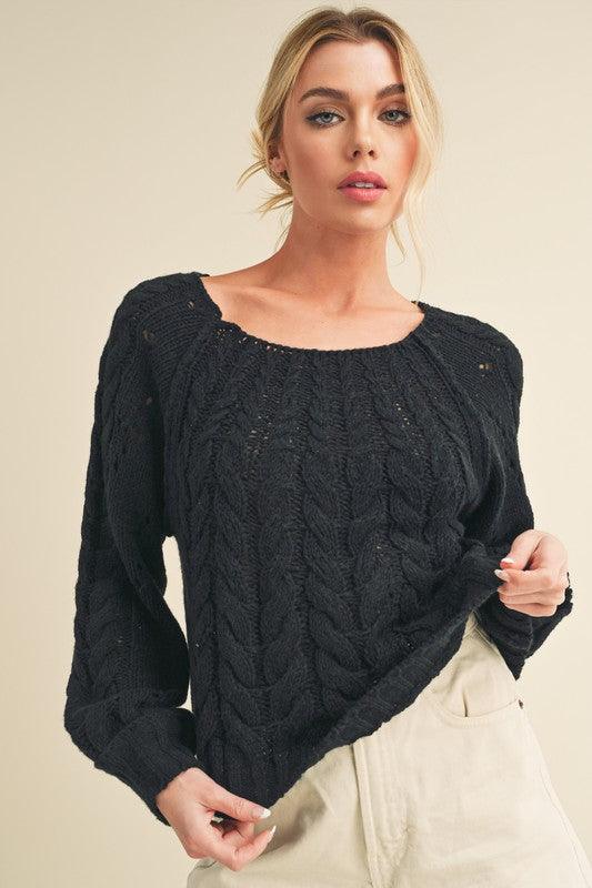 Aemi + Co Cable-Knit Openwork Round Neck Sweater - Clothes For Her Online Store