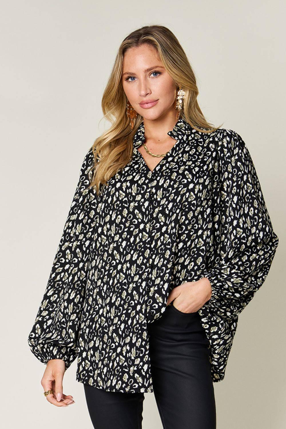 Double Take Full Size Leopard Long Sleeve Blouse - Clothes For Her Online Store