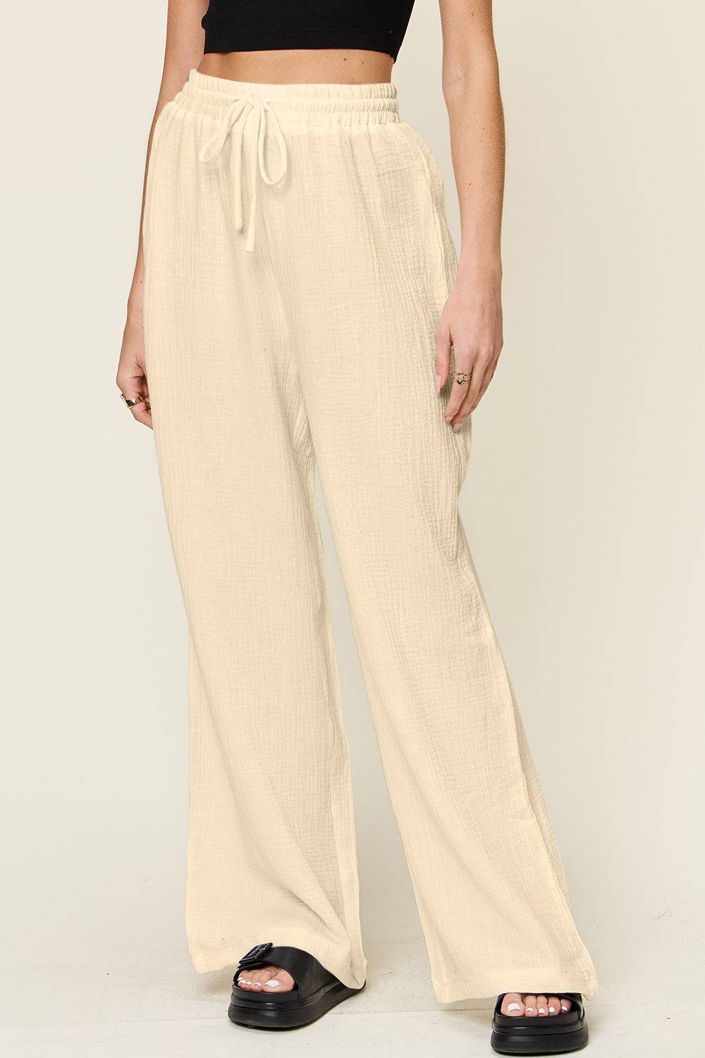 Double Take Full Size Texture Drawstring Wide Leg Pants - Clothes For Her Online Store