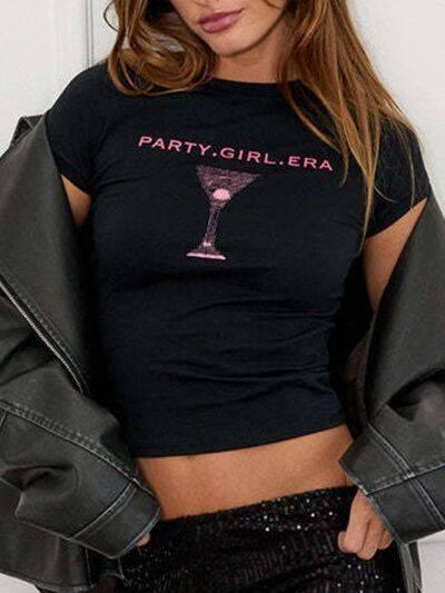 Letter Round Neck Short Sleeve T-Shirt - Clothes For Her Online Store