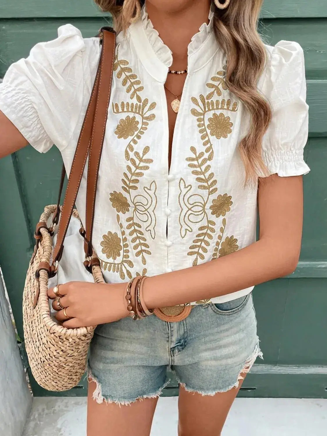Embroidered Frill Notched Short Sleeve Blouse