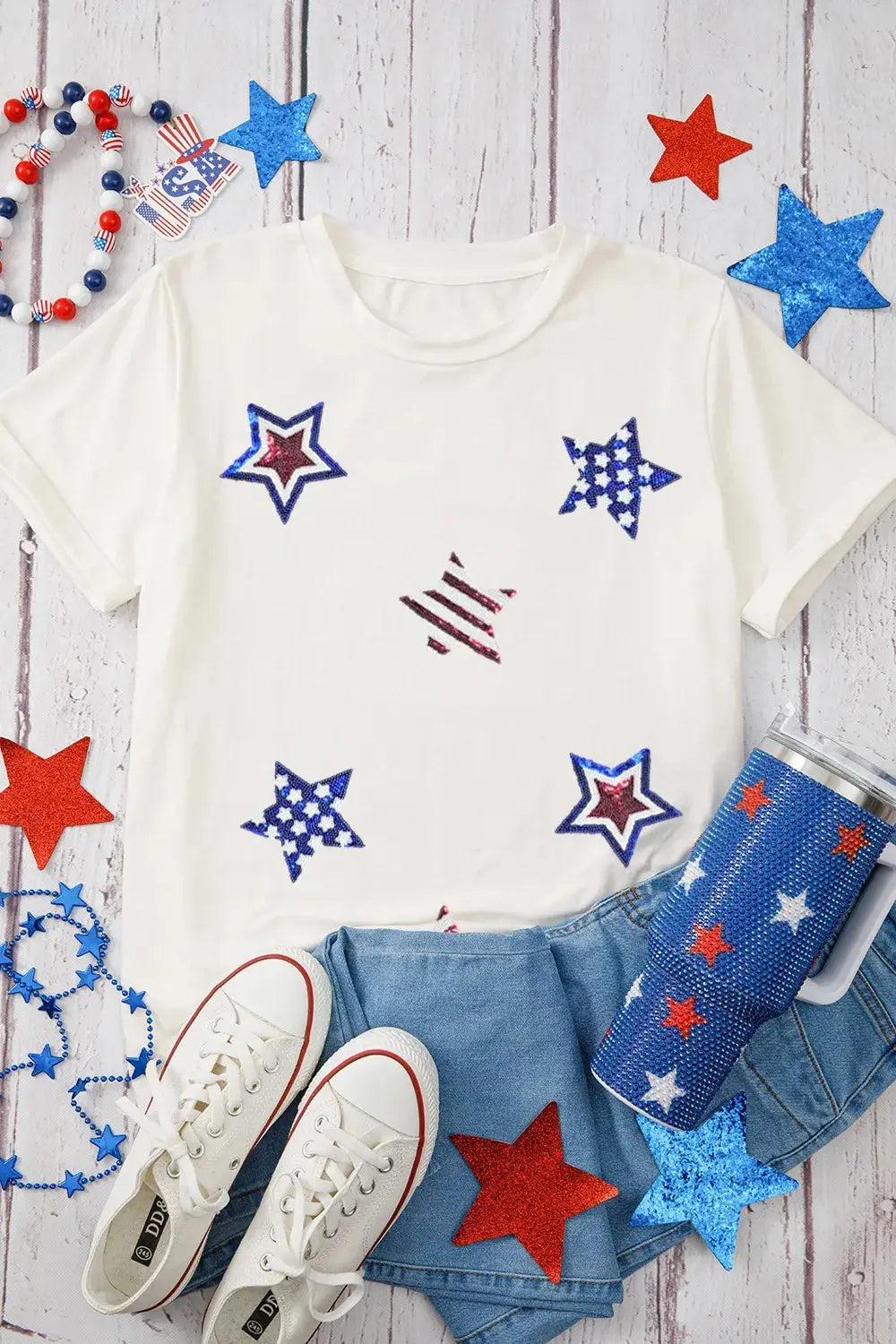 Sequin Star Round Neck Short Sleeve T-Shirt - Clothes For Her Online Store