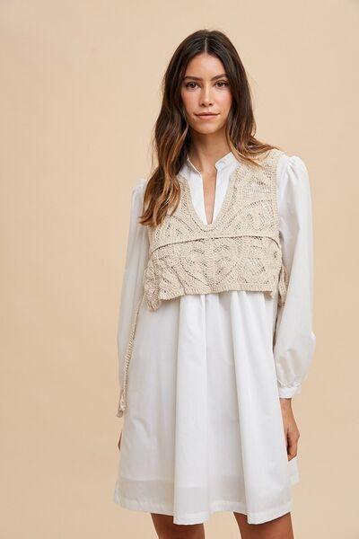 Annie Wear Crochet Vest Notched Long Sleeve Shirt Dress - Clothes For Her Online Store