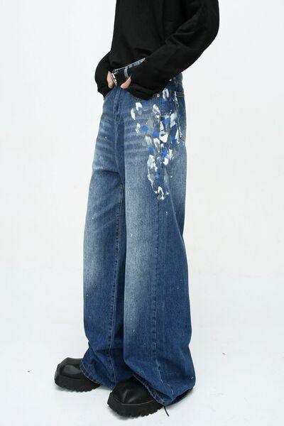 Watercolor Wide Leg Jeans with Pockets - Clothes For Her Online Store
