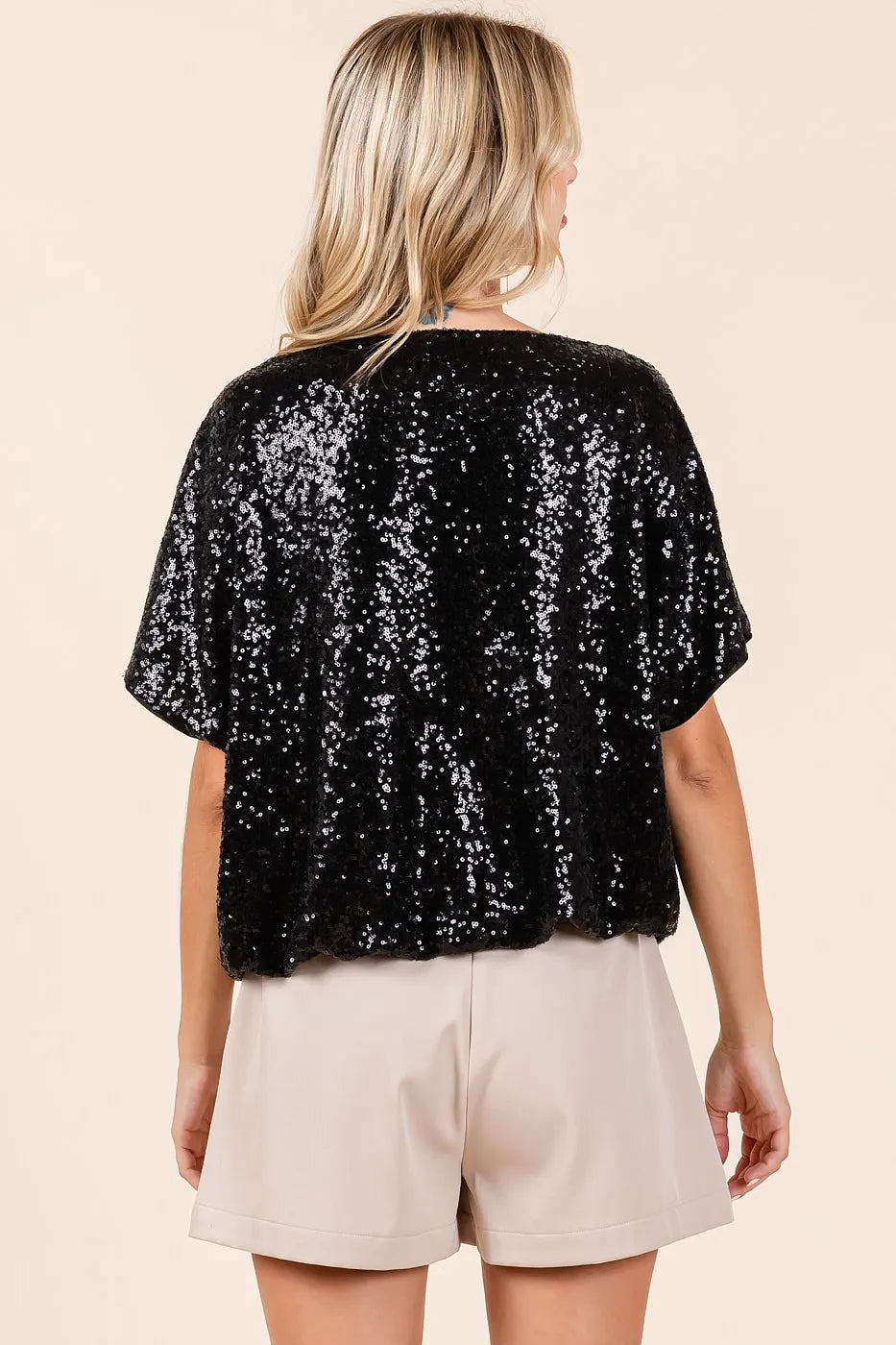 Mittoshop Sequin Short Sleeve Elastic Band Hem Top