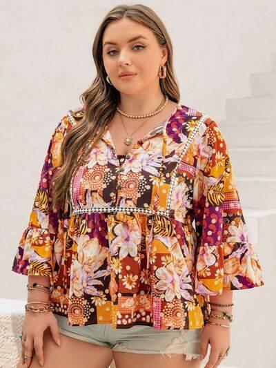 Plus Size Printed Tie Neck Blouse - Clothes For Her Online Store