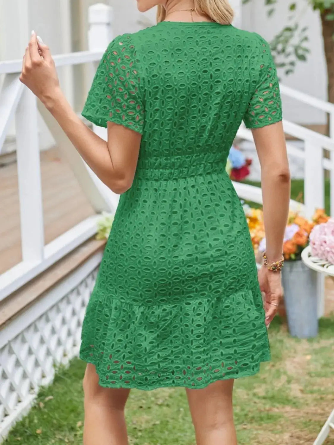 Eyelet Notched Short Sleeve Dress - Clothes For Her Online Store