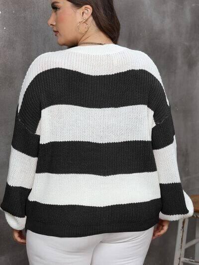 Plus Size Striped Round Neck Long Sleeve Sweater - Clothes For Her Online Store