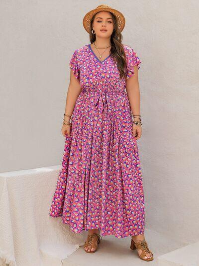 Plus Size Printed V-Neck Flutter Sleeve Tie Waist Maxi Dress - Clothes For Her Online Store