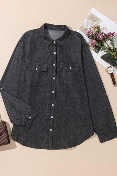 Pocketed Collared Neck Long Sleeve Denim Top - Clothes For Her Online Store