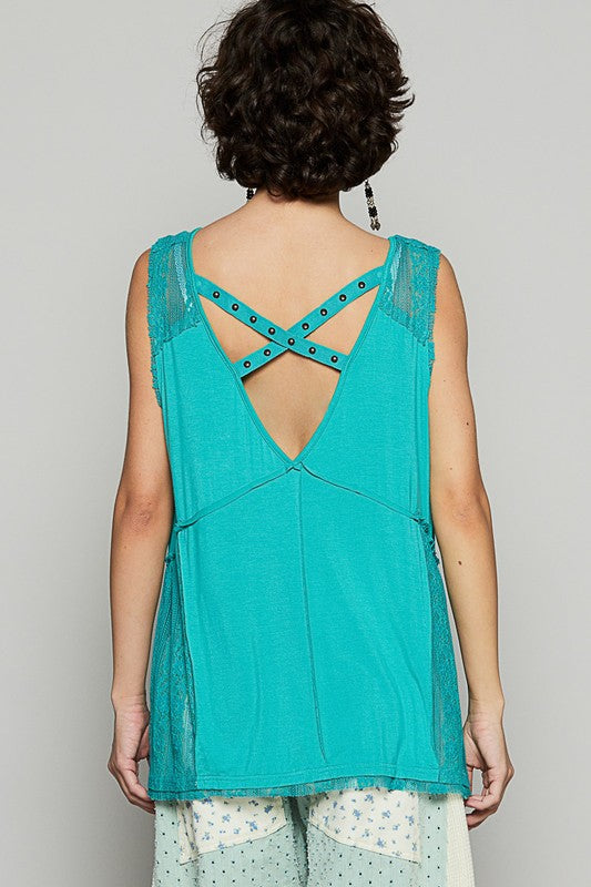 POL Lace Detail Studded Crisscross Back V-Neck Sleeveless Top - Clothes For Her Online Store