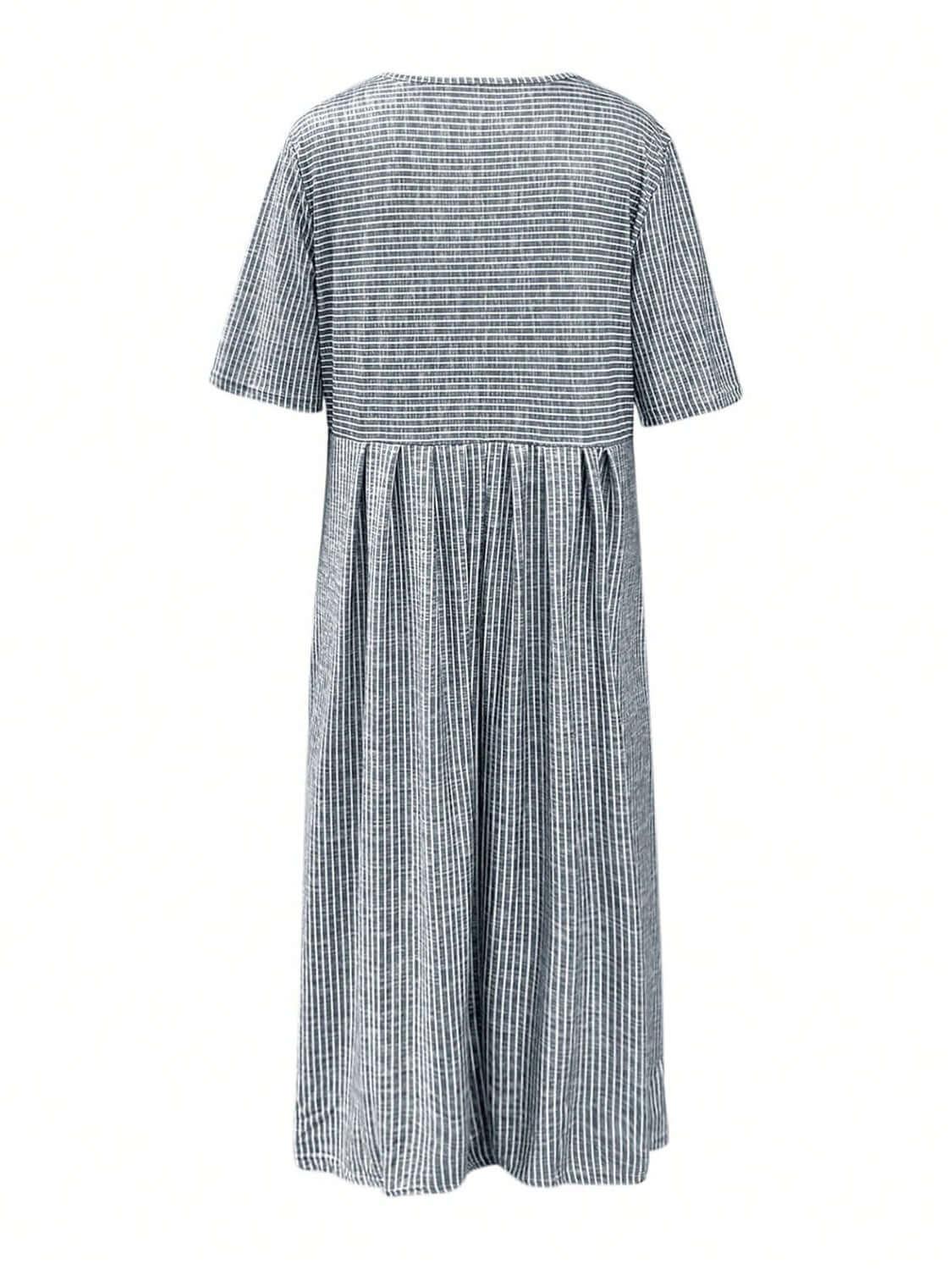 Striped Round Neck Short Sleeve Midi Dress - Clothes For Her Online Store