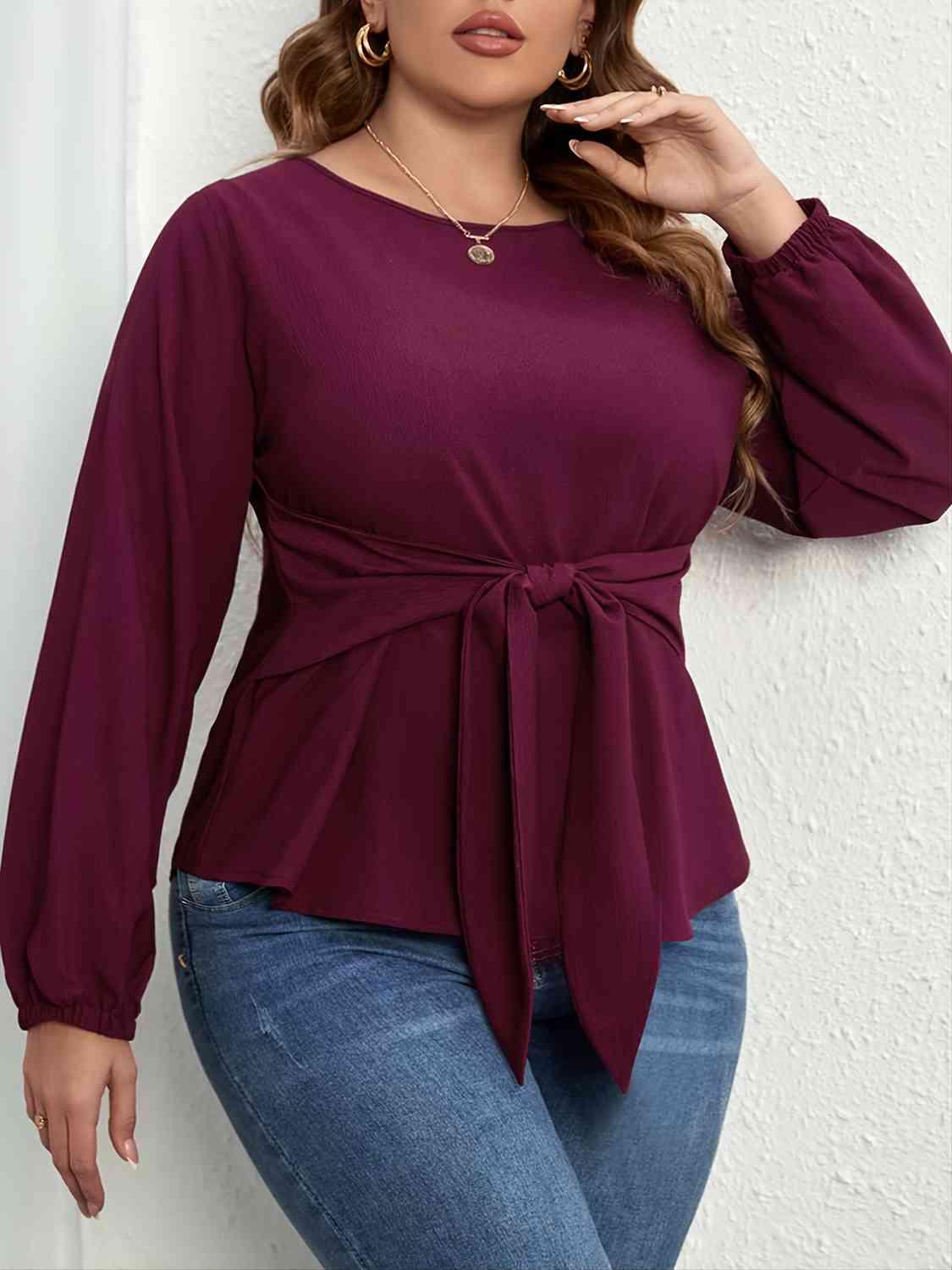 Plus Size Tie Front Long Sleeve Blouse - Clothes For Her Online Store
