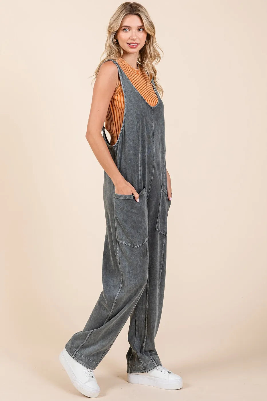 Mittoshop Mineral Wash Relaxed Fit Sleeveless Harem Jumpsuit
