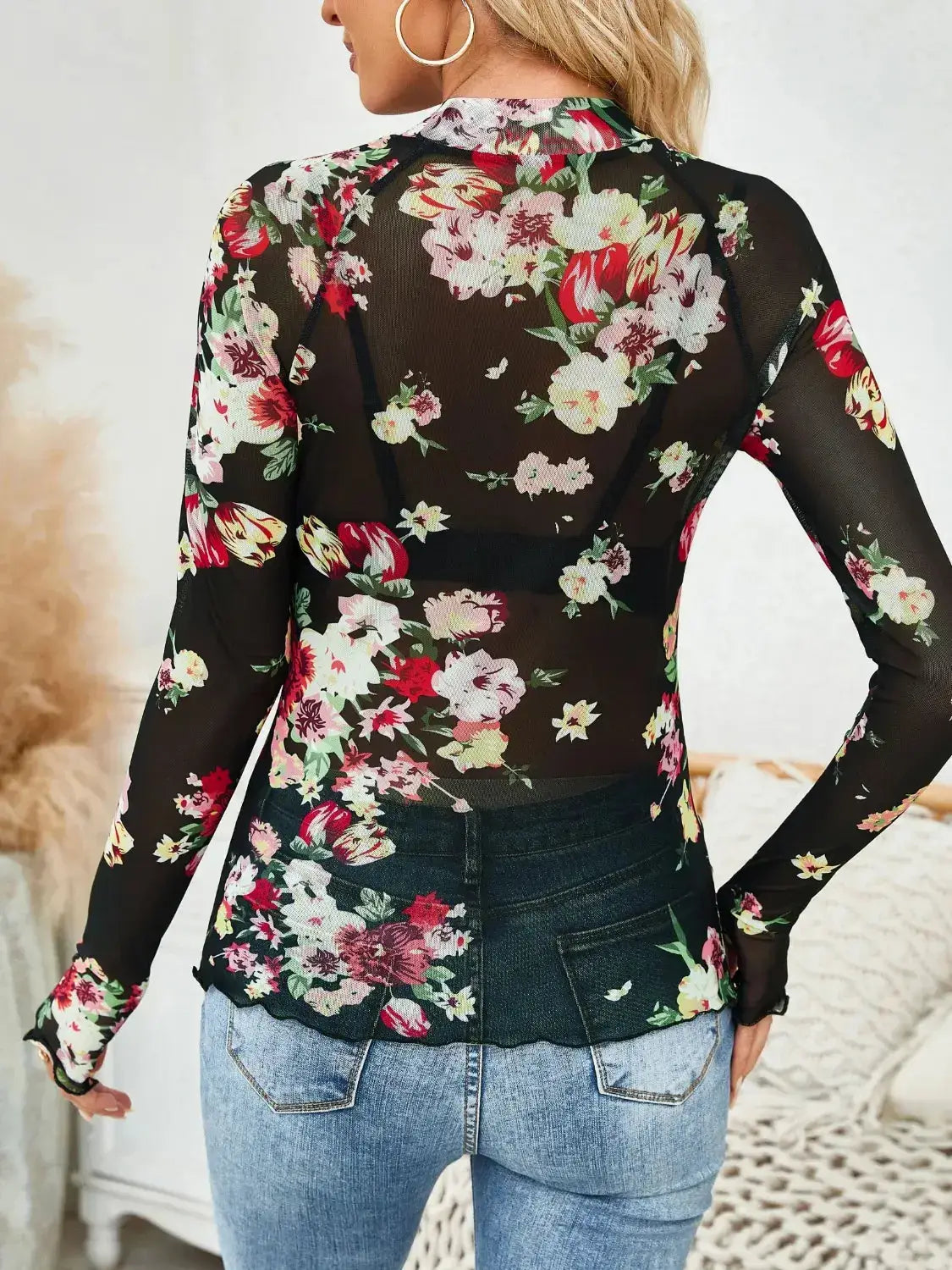 Floral Mock Neck Long Sleeve Top - Clothes For Her Online Store