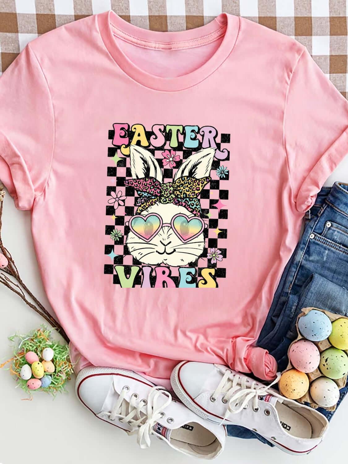 EASTER VIBES Round Neck Short Sleeve T-Shirt - Clothes For Her Online Store