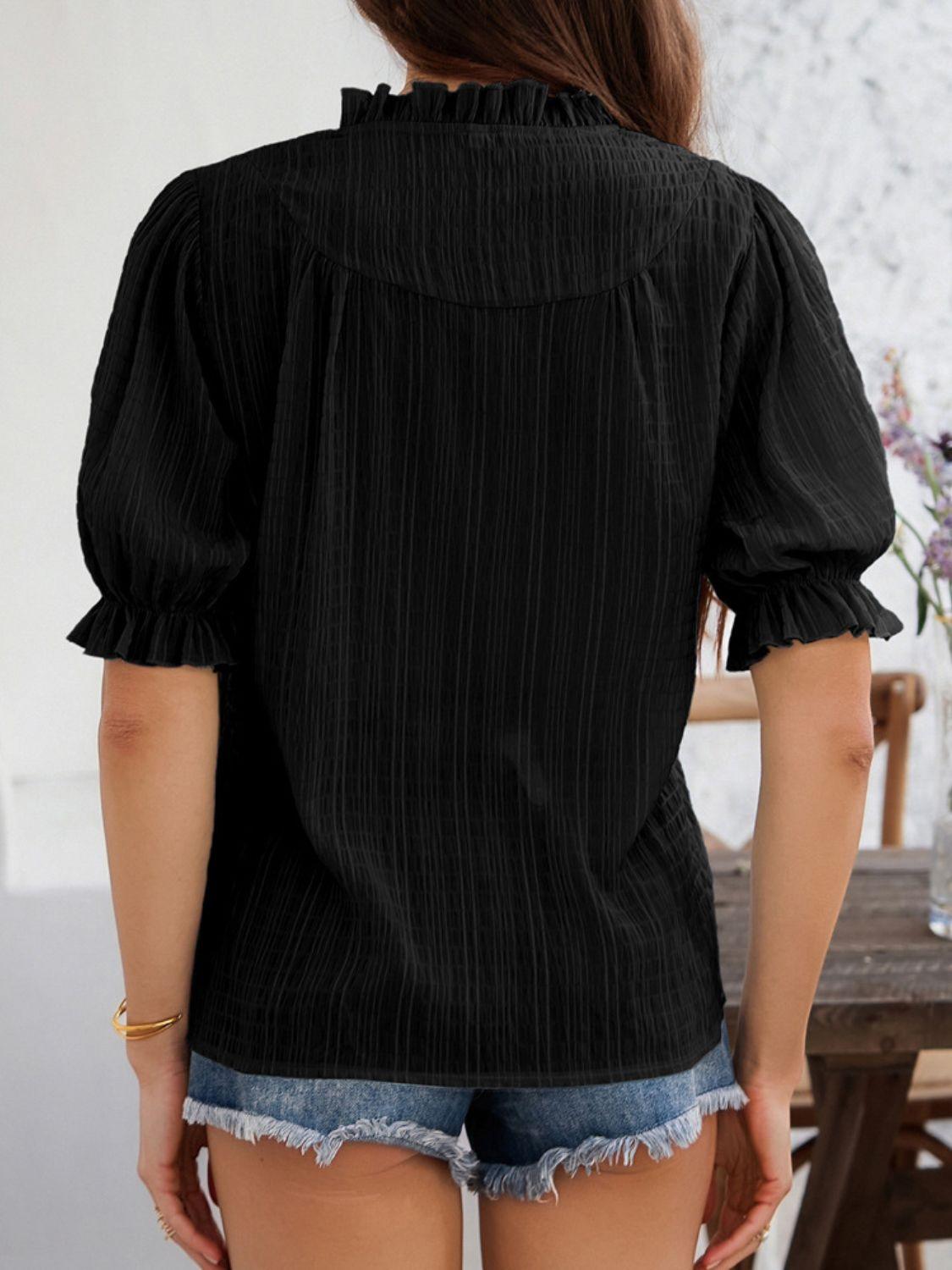 Devine Frill Notched Short Sleeve Blouse - Clothes For Her Online Store
