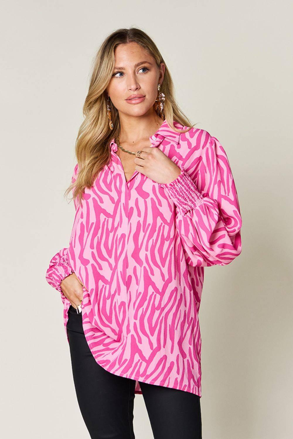 Double Take Full Size Printed Smocked Long Sleeve Blouse - Clothes For Her Online Store