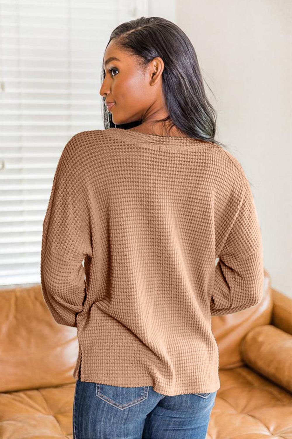Slit Waffle Knit Long Sleeve T-Shirt - Clothes For Her Online Store