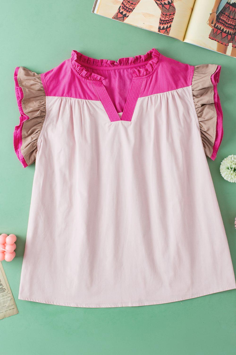 Color Block Notched Ruffled Cap Sleeve Blouse - Clothes For Her Online Store