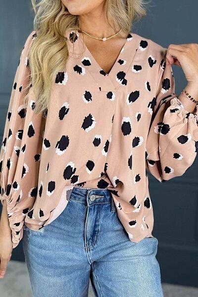 Contrast Animal Print V-Neck Long Sleeve Blouse - Clothes For Her Online Store