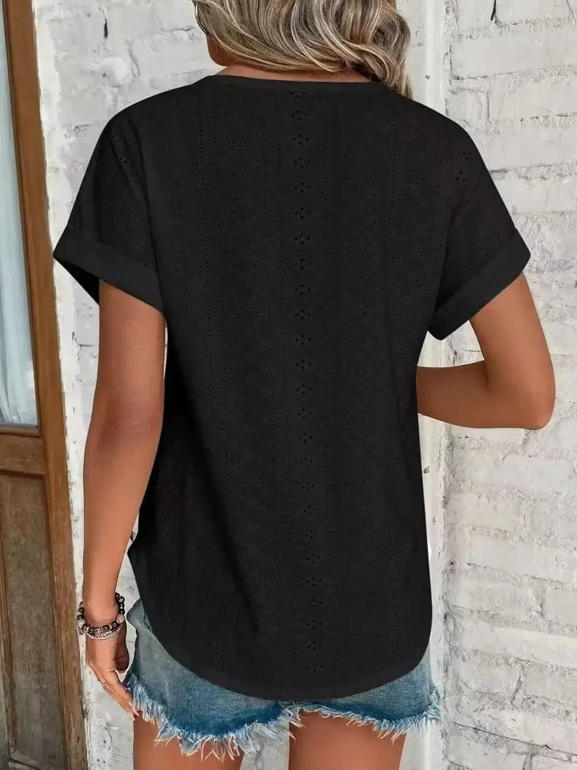 Eyelet Round Neck Short Sleeve T-Shirt - Clothes For Her Online Store