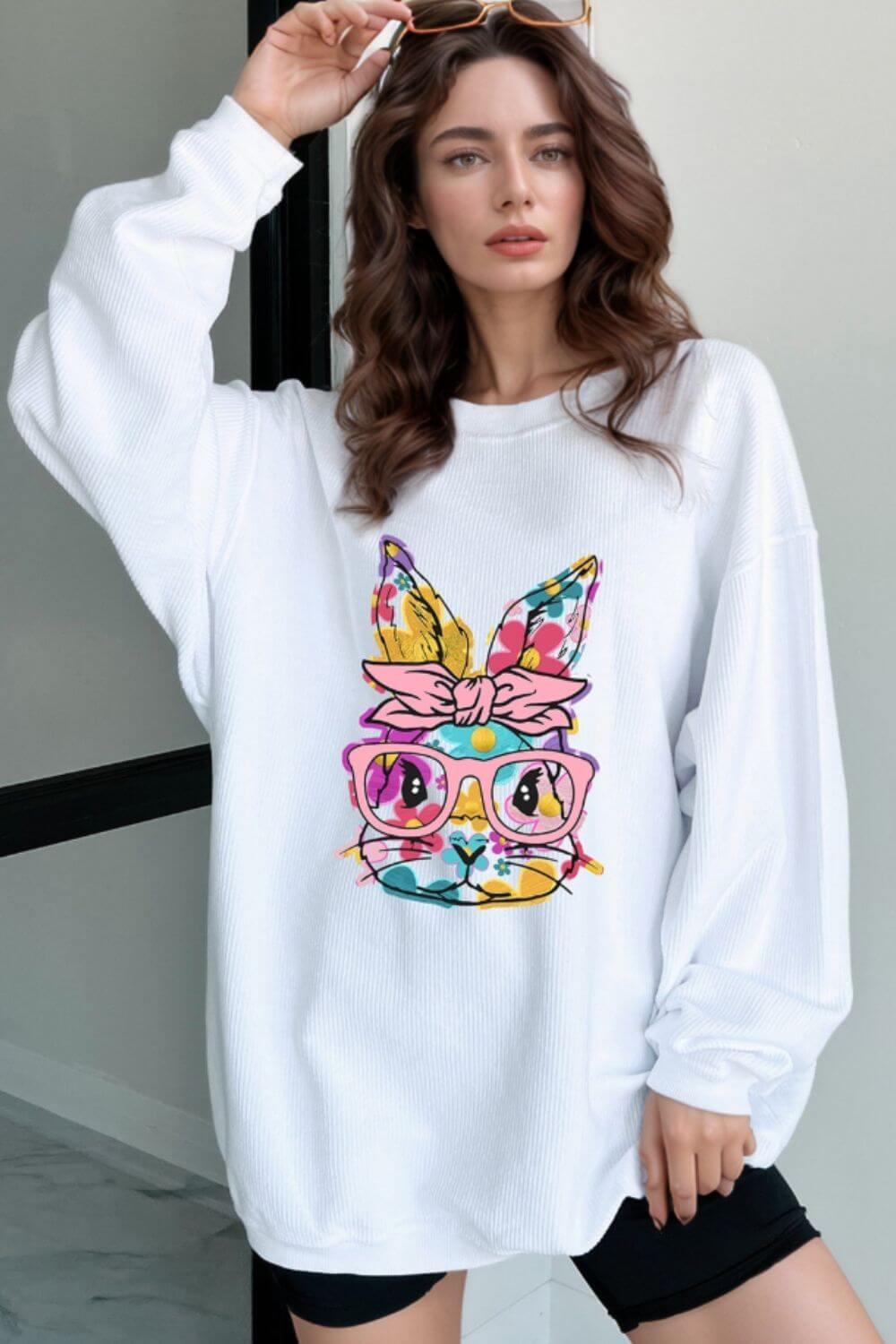 Bunny Graphic Round Neck Sweatshirt - Clothes For Her Online Store