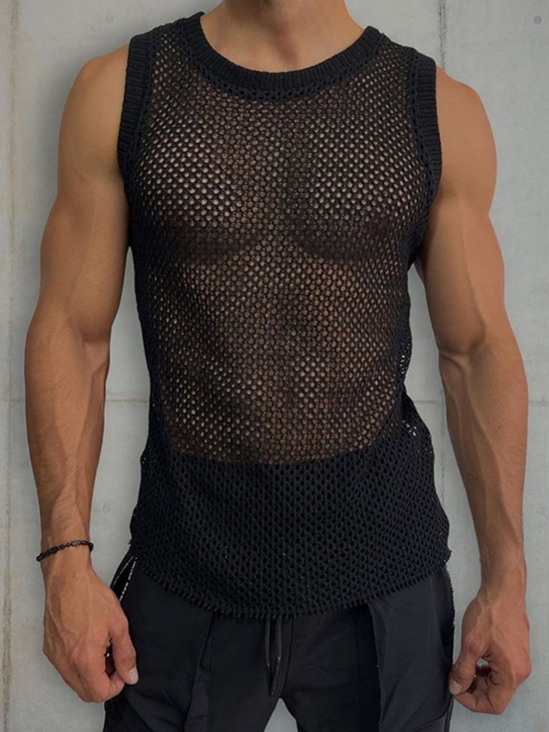 Men's Round Neck Hollow Out Sleeveless Knit Top - Clothes For Her Online Store
