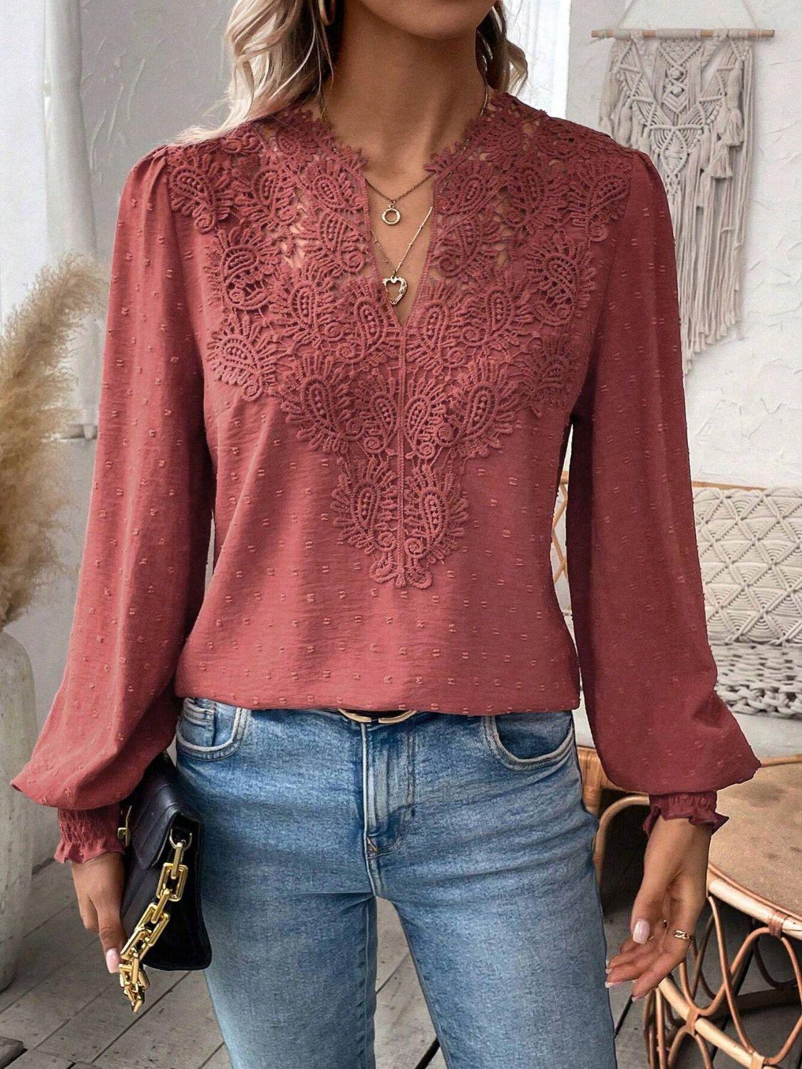 Swiss Dot Lace Detail Notched Long Sleeve Blouse - Clothes For Her Online Store