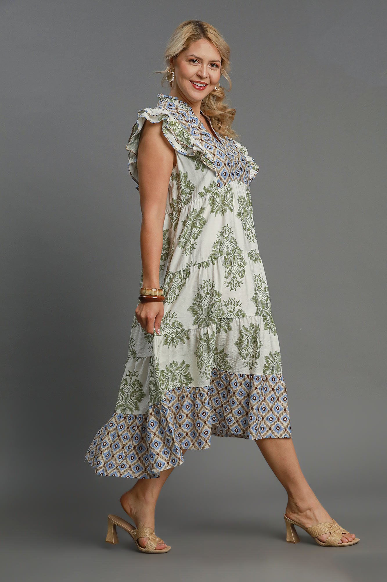 Umgee Full Size Mixed Print Ruffle Cap Sleeve Midi Dress Plus Size - Clothes For Her Online Store