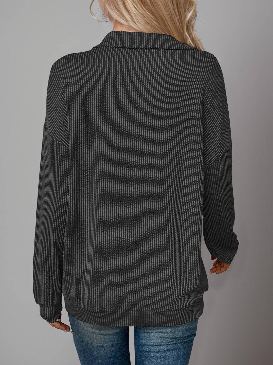 Double Take Striped Half Zip Long Sleeve T-Shirt - Clothes For Her Online Store