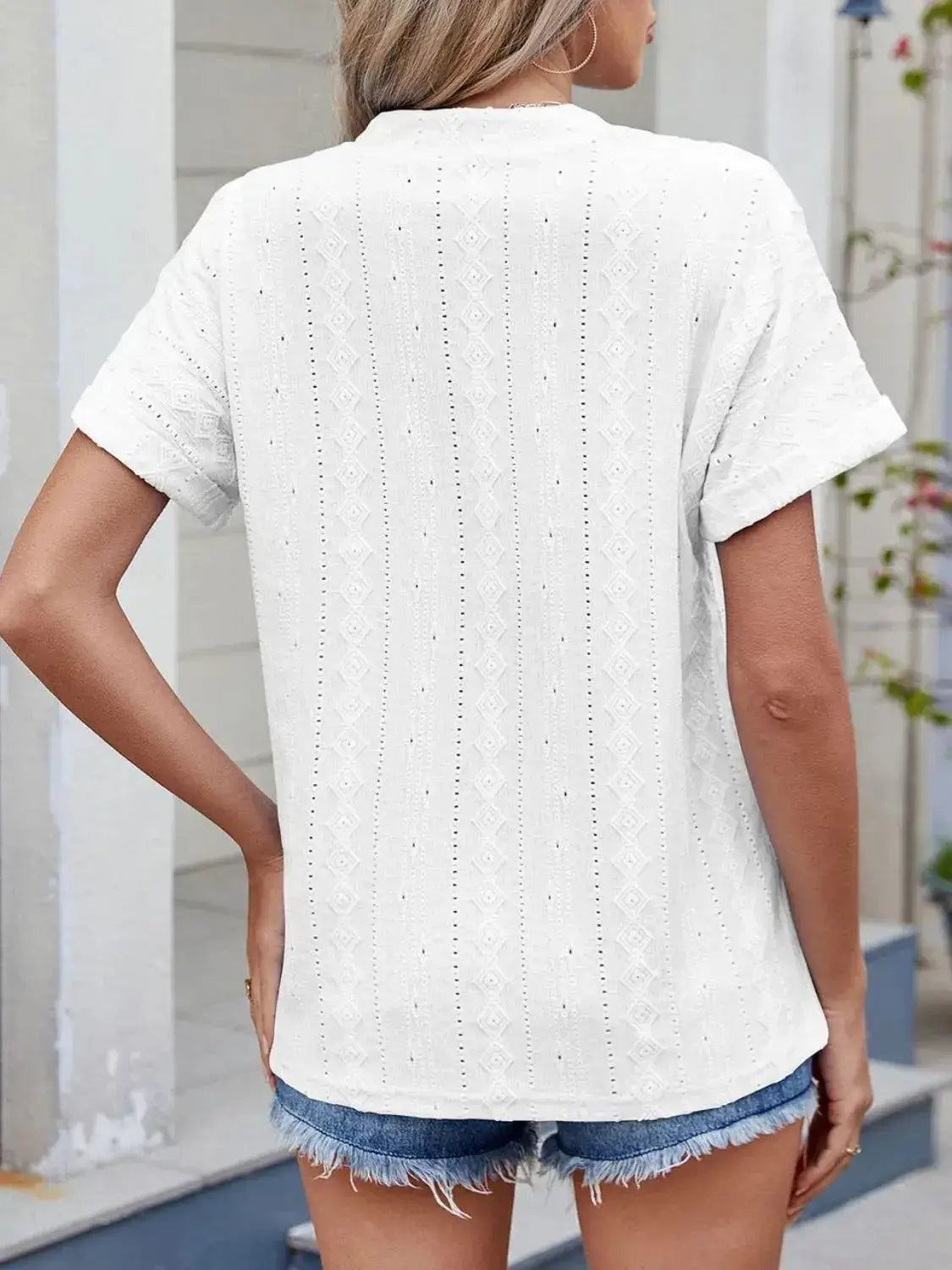 Eyelet Notched Short Sleeve Top - Clothes For Her Online Store