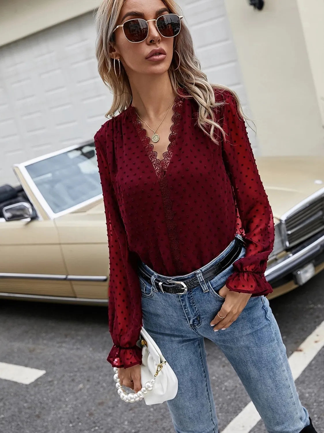 Lace Detail V-Neck Swiss Dot Blouse