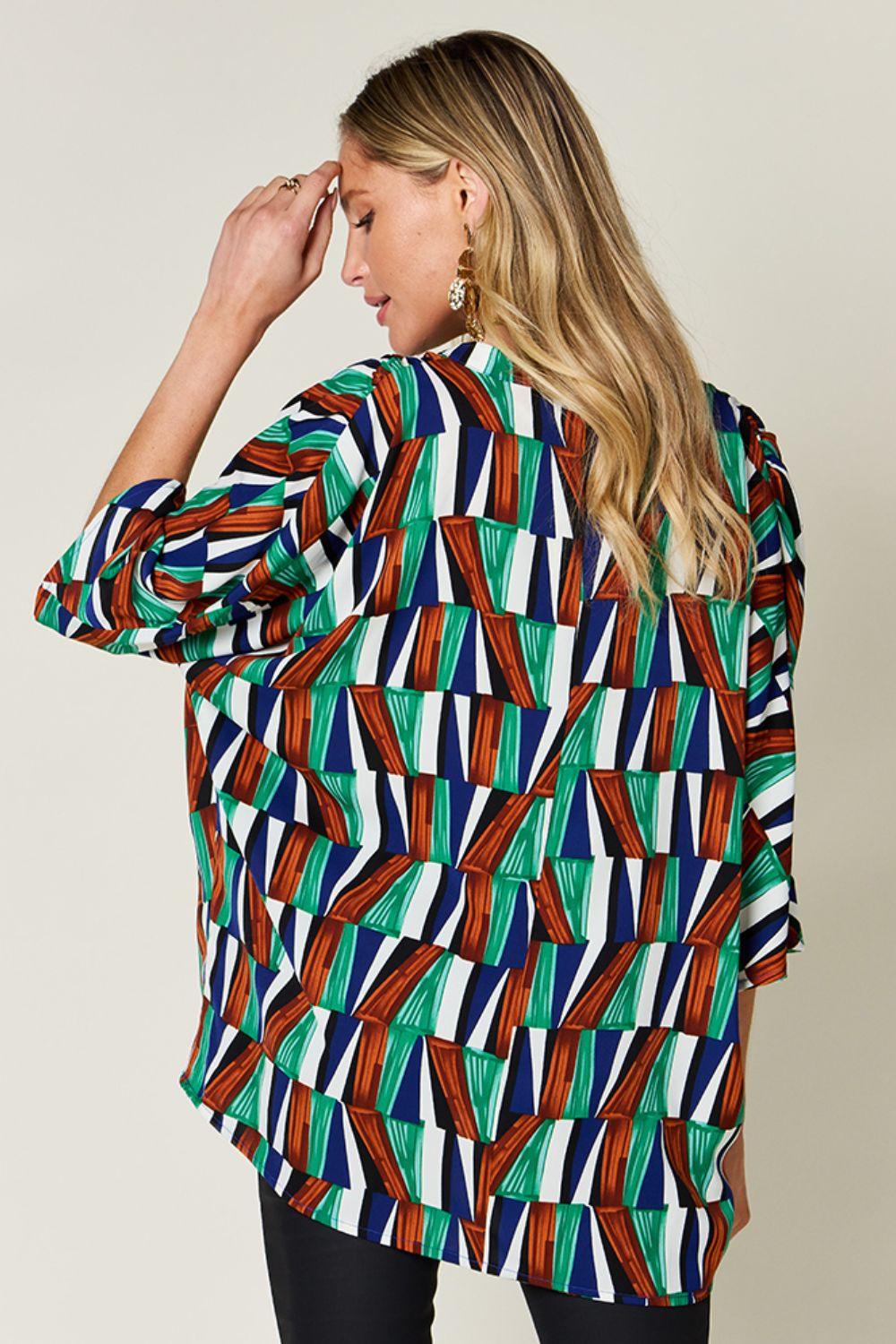 Double Take Full Size Geometric Notched Dolman Sleeve Top - Clothes For Her Online Store