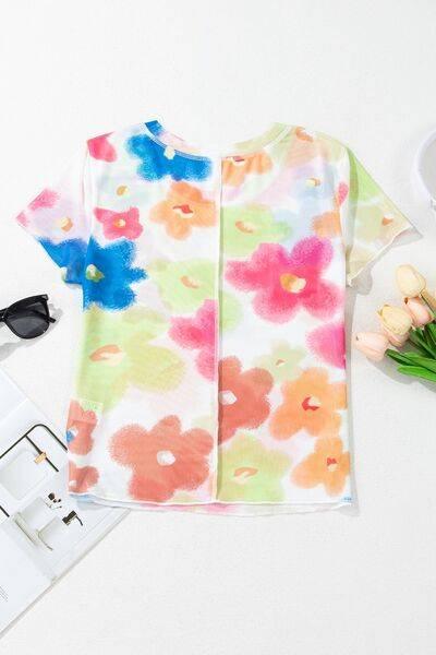 Printed Round Neck Short Sleeve Blouse - Clothes For Her Online Store