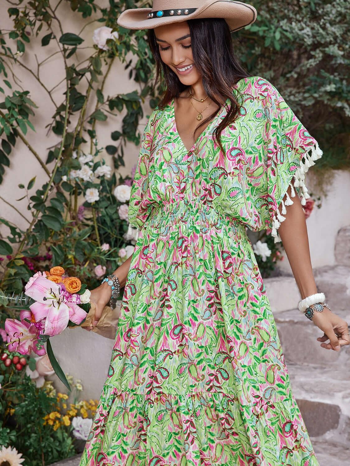 Smocked Floral V-Neck Short Sleeve Dress - Clothes For Her Online Store