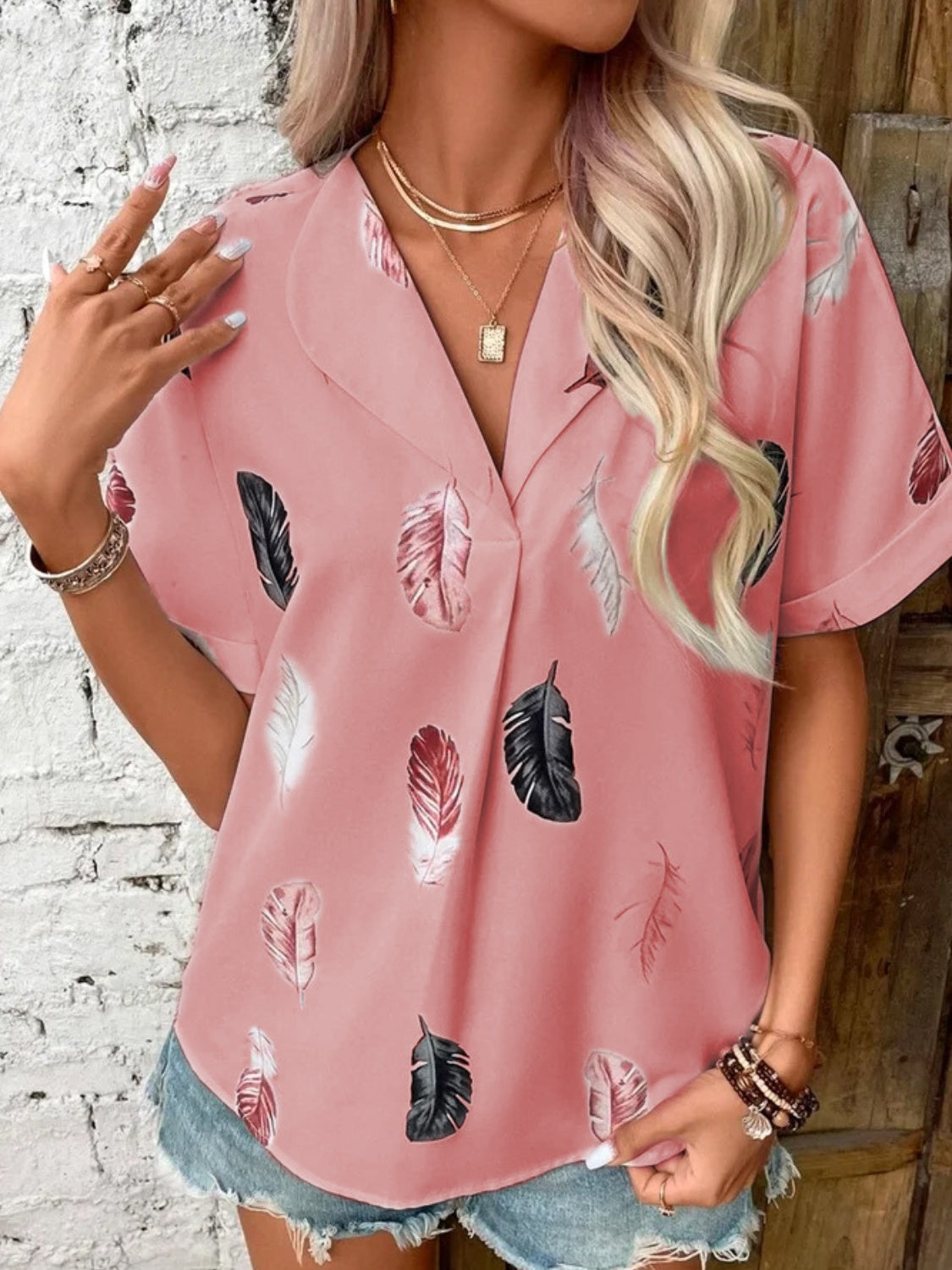 Full Size Printed Collared Neck Short Sleeve Blouse - Clothes For Her Online Store