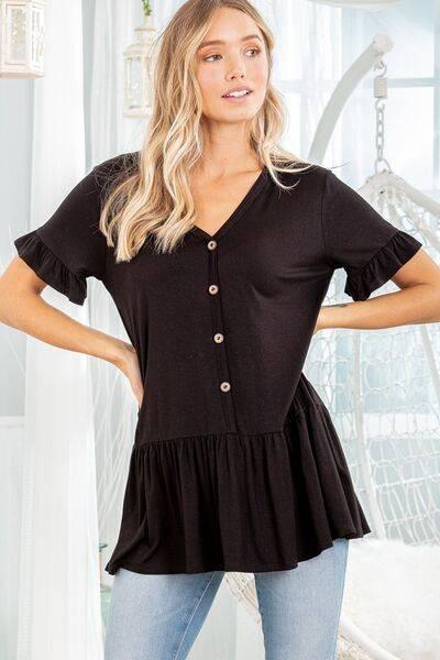 Heimish Full Size Ruffled V-Neck Short Sleeve Blouse Plus Size - Clothes For Her Online Store
