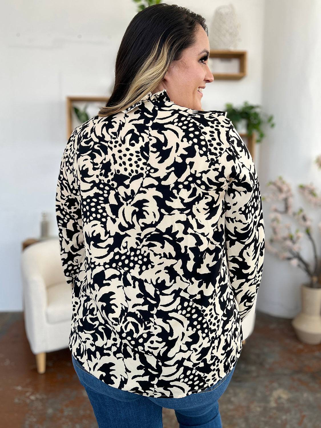 Double Take Full Size Printed Ruffle Trim Balloon Sleeve Shirt - Clothes For Her Online Store