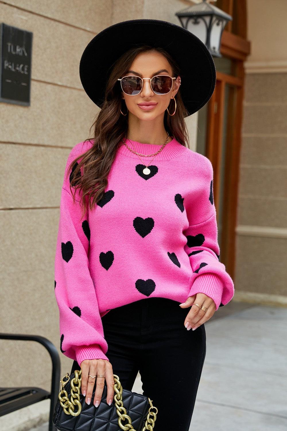 Woven Right Heart Pattern Lantern Sleeve Round Neck Tunic Sweater - Clothes For Her Online Store