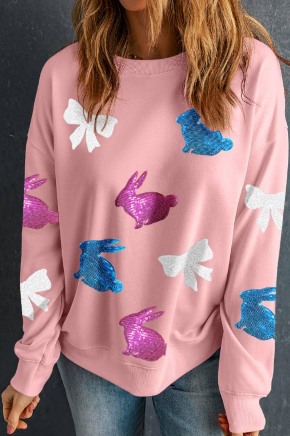 Easter Bunny Bow Knot Sequined Sweatshirt - Clothes For Her Online Store