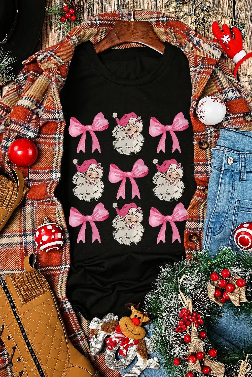 Santa & Bow Graphic Round Neck Short Sleeve T-Shirt - Clothes For Her Online Store