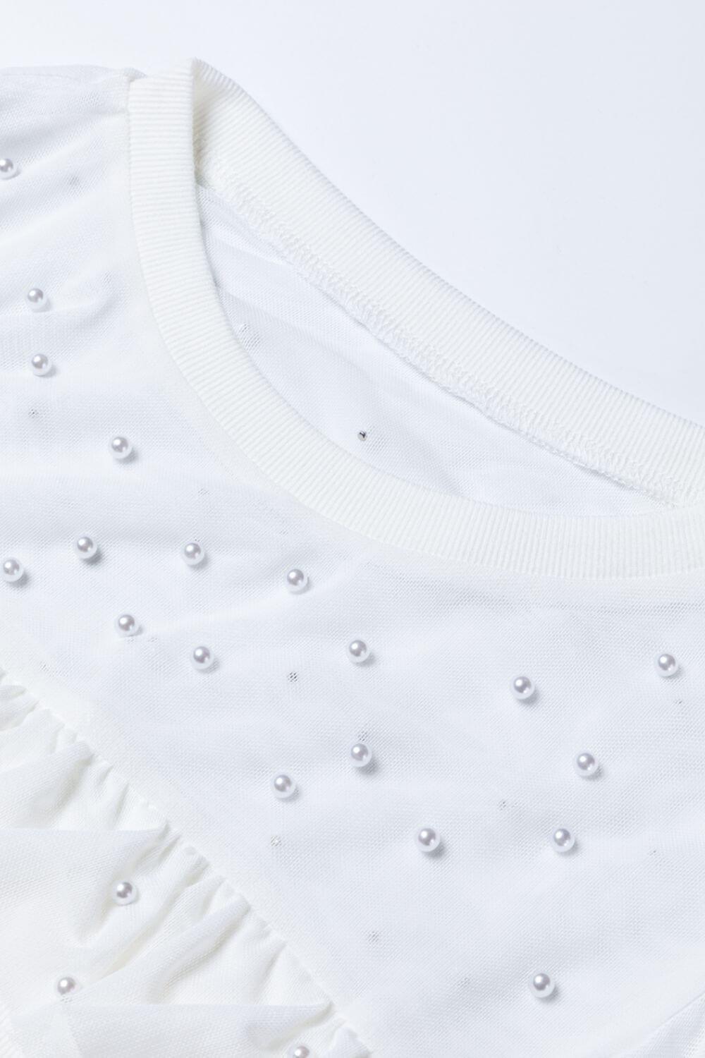 Pearl Decor Mesh Patchwork Ribbed Long Sleeve Top - Clothes For Her Online Store