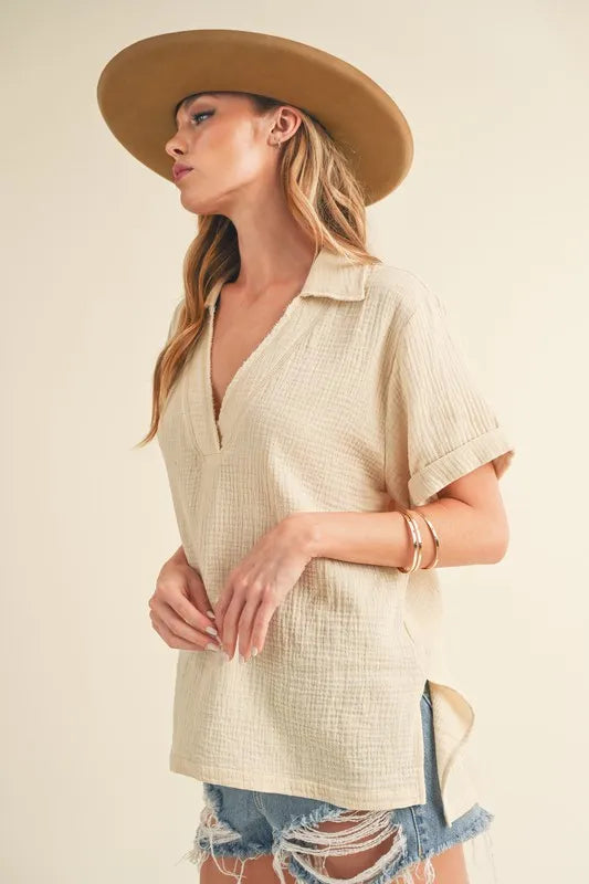 Aemi + Co Side Slit Johnny Collar Short Sleeve Cotton Gauze Blouse