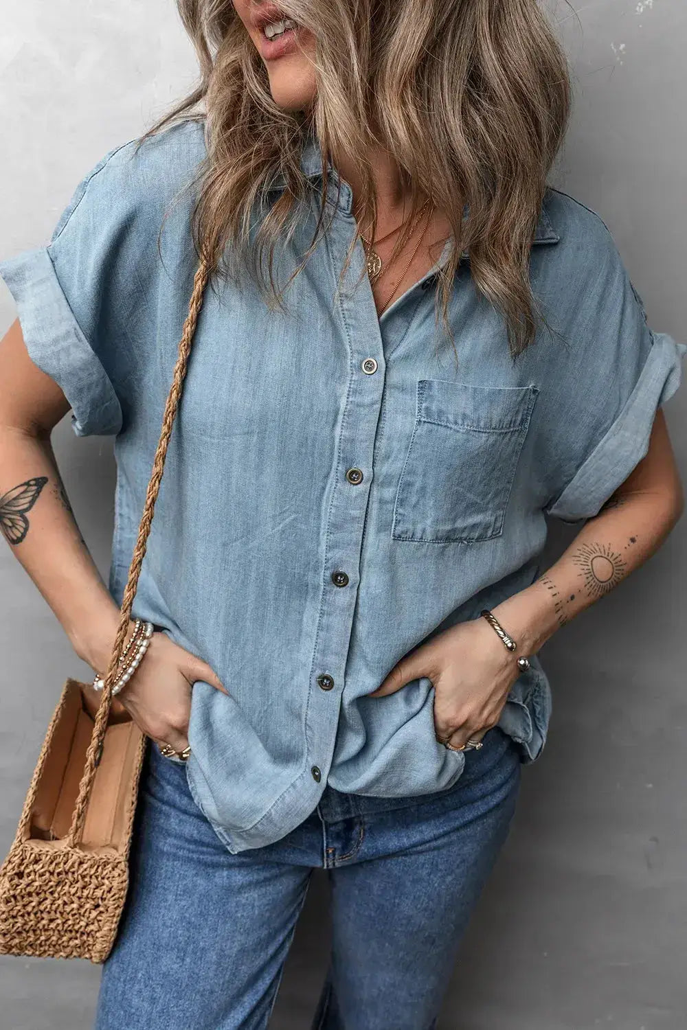 Folded Short Sleeve Patched Pocket Denim Shirt - Clothes For Her Online Store