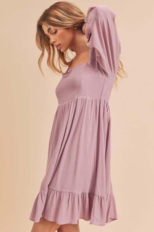 Aemi + Co Ruffled Hem Square Neck Balloon Sleeve Mini Dress - Clothes For Her Online Store